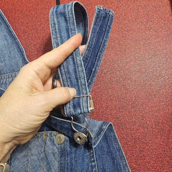 VTG 90s Express Bleus Denim Long Overall Dress M Modest Back Slit Patchwork - Picture 12 of 12